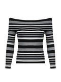 Dodobye-Contrast Color Striped Off Shoulder Slim Sweater