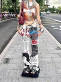 Dodobye Women's White Baggy Graffiti Print Jeans Harajuku Denim Trousers Japanese 2000s Style Y2k Vintage Jean Pants Emo Trashy Clothes