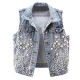 Dodobye Women Denim Vest 2025 Pearls Fashion Ripped Autumn Jeans Jacket Sleeveless Loose Short Coat Causal Waistcoats Outwear Tops