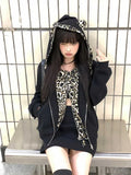 Dodobye 90s Streetwear New Leopard Print Fake Two Piece Double Zip Hoodie Streetwear Retro Harajuku Gothic Y2K Women Long Sleeve Zip Hoodie Long Sleeve