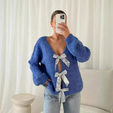 thanksgiving outfit Dodobye Knitted Bow Lace Up Sweaters Women Hollow Out Deep V-neck Long Sleeve Cardigans Female 2024 Autumn Solid Y2k Streetwear Lady