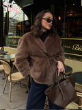 christmas outfit Dodobye 2025 Fashion Brown Women's Lace Up Faux Fur Coat Vintage V-neck Long Sleeve Fluffy Plush Jacket New Chic Ladies High Streetwear