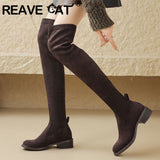 thanksgiving outfit Dodobye Female Thigh Boots Round Toe Thick Heels 4cm Slip On Size 42 43 Autumn Stretch Bota Elegant Shoes 33