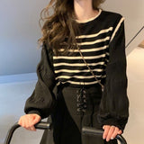 Black Friday Dodobye Black White Striped Knitted Sweater Women Korean Fashion Lantern Sleeve Fall Winter Sweet Fake Two-Piece Pullover School Jumpers