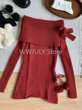 Dodobye Winter Kawaii Sweet 2 Piece Set Woman Off Shoulder Bow Knitted Tops + Mini Cake Skirt Female Korean Fashion Casual Suit 2025 New