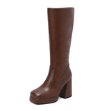 thanksgiving outfit Dodobye Women Knee High Boots Toe Block Heels 10cm Platform 2.5cm Big Size 43 Concise Female Bota