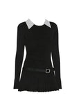 Dodobye Women Korean Preppy Style Mini Black Shirt Dress Fake Two Pieces Long Sleeve One-Piece with Belt 2000s Aesthetic Party Y2k Tide