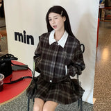 thanksgiving outfit Dodobye 2024 Autumn New Women's Plaid Jacket And Skirt Set Chic Vintage Simple Style With Leather Belt Fashion Dress Outfit