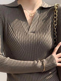 Dodobye-Solid V Neck Ribbed Splice Sweater