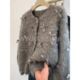 Dodobye 2025 Autumn Winter Women Temperament High Soft Mohair Knitted Cardigan Fragrant Coat Casual Tops Korean Grey Bow Sweater