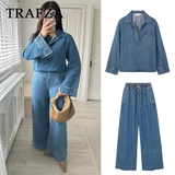 thanksgiving outfit Dodobye 2024 Spring Summer Casual Denim Women Suits Fashion Vintage Turn-down Collar Pocket Shirts+Chic Drawstring Wide Leg Pants