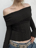 Dodobye-Solid Off Shoulder Slim Cable Knit Long Sleeve Knit