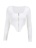 Dodobye-Solid Zip Up Irregular Hem Long Sleeve Tee