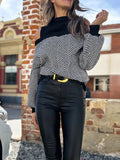 christmas outfit Dodobye Loose Puff Sleeves Contrast Color Split-Joint Cold Shoulder Sweater Tops