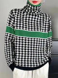 christmas outfit Dodobye Long Sleeves Loose Contrast Color Houndstooth Split-Joint High Neck Pullovers Sweater Tops