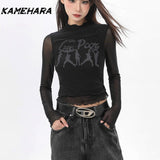 Dodobye American Retro Black Mesh Round Neck Long Sleeve Blouses Summer Sexy Tight Fitting Crop Corset Top Shibuya Streetwear