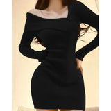 Black Friday Dodobye Knitted Dress Women Autumn Winter Long Sleeved Sexy Off Shoulder Stretch Sweater Solid Elegant Skinny Chic Korean Lady Dress