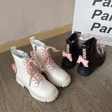 Dodobye Sweet Cool  Boots Women's Summer Pink Bow Lacquer Leather Skinny Motorcycle Boots English Style Thick Sole Short Boots