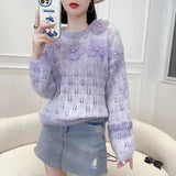 Black Friday Dodobye Sweet Flowers Sweater Women Pink Beaded Hollow Out Loose O-Neck Knitted Jumpers Fashion Spring Fall Long-Sleeved Lazy Pretty Top