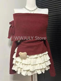 Dodobye Winter Kawaii Sweet 2 Piece Set Woman Off Shoulder Bow Knitted Tops + Mini Cake Skirt Female Korean Fashion Casual Suit 2025 New