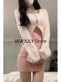 Dodobye Autumn Sexy Strap Y2k Mini Dress Sets Women Pink Sweet Sweater Tops Elegant Bodycon Slim 2 Piece Skirt Dress Korean Fashion 2025