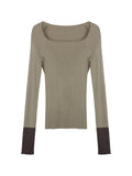 Dodobye-Square Neck Splice Slim Long Sleeve Knit