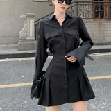 Dodobye Black Shirt Dress Women Elegant Vintage Long Sleeve Pleated Dress Sexy Gothic Y2k Turn Down Collar Casual Mini Vestidos