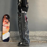 Dodobye 90s Streetwear Y2k Jeans Embroidered Pattern Men Women Loose Wide Leg Pants Retro Harajuku Trend Punk Hip hop Street Casual Straight Pants