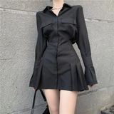 Dodobye Black Shirt Dress Women Elegant Vintage Long Sleeve Pleated Dress Sexy Gothic Y2k Turn Down Collar Casual Mini Vestidos