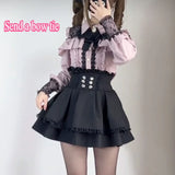 Dodobye Sexy Retro Sweetheart College Style Hollowed Out Slimming Shirt Top Waist Cinching Lace Skirts Set Subculture Y2k Sets