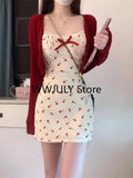 Dodobye Sweet 2 Piece Dress Set Woman Red Long Sleeve Cardigan + Strap Floral Y2k Mini Dress Party Korean Fashion Suit 2025 Autumn Chic