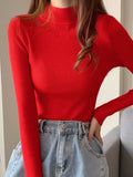 christmas outfit Dodobye Casual Skinny Long Sleeves Solid Color High-Neck Sweater Tops