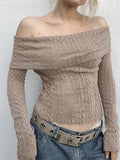 Dodobye-Solid Off Shoulder Slim Cable Knit Long Sleeve Knit