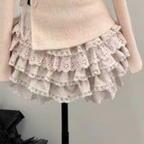 Dodobye Japaneses Kawaii Two Piece Set Women Sweet Lace Bow Tops + Y2k Mini Cake Skirt Autumn Winter Elegant Knitted Skirt Suits Chic