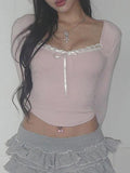 Dodobye-Long Sleeve Square-Neck Lace-Trim Bow Accent Crop Top