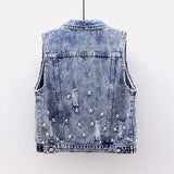 Dodobye 2025 Denim Women Vest Pearl Fashion Ripped Autumn Jeans Jacket Sleeveless Loose Short Coat Streetwear Beaded Flower Denim Vest