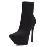 thanksgiving outfit Dodobye Brand Shoes Stretchy Satin Booties Pointed Toe Platform 4.5cm Thin High Heels 14.5cm Big Size 43 Sexy Lady Boots