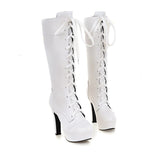 thanksgiving outfit Dodobye British Ladies Knee High Boots Round Toe Lace Up 12CM Platforms Spike Heels Shoes Size 31-45 White A4206