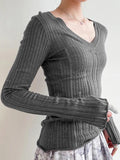 Dodobye-V Neck Slim Cutout Long Sleeve Knit