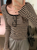 Dodobye-Striped Print Square Neck Slim Long Sleeve Tee