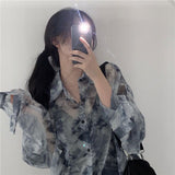 Dodobye Vintage Shirt Women Harajuku Tie Dye Print Korean Loose Casual Chiffon Blouse Autumn Holiday Transparent Gothic Hippie Top