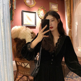 Dodobye French Vintage Dress Women Lace Velvet Black Elegant Party Dress Female Autumn 2020 High Waist Long Sleeve Midi Gothic Dress