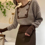 Dodobye Houndstooth Vintage Sweaters Women Long Sleeve Casual Patchwork Knitted Jumpers Korean Loose O Neck Retro Buttons Pullovers