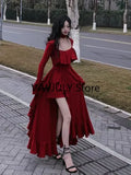 Dodobye 2025 Spring Women Elegant Long Slevee Midi Dress Female Red Square Collar Ruffle Party Dress Christmas Irregular Prom Dress