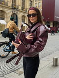 christmas outfit Dodobye 2024 Chic Wine Red Women's Lapel Leather Jacket Fashion Belted Long Sleeves Cropped Biker Coat Autumn Female New High Streetwear