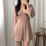 Dodobye V Neck Elegant Knitted Dress Women Sexy Slim Lantern Sleeve Sweet Mini Dress Korean Fashion Casual Female A Line Dress Fall