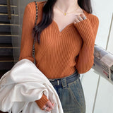 Black Friday Dodobye Korean Elegant Sweater Women Knitted Apricot Autumn Winter Slim Basic Pullover Long Sleeve V-Neck Solid Female Chic Jumpers