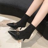 Dodobye New Winter British Boots Matal Buckle Pointed Toes Cat Heel Design Soft Leather Booties Stiletto Women Sexy Fashion Thin Boot