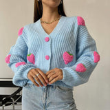 Black Friday Dodobye Casual Knitted Strawberry Cardigan Women Loose Warm V-Neck Single-Breasted Sweaters Female Autumn Chic Simple Daily Tops