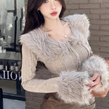 Black Friday Dodobye Hair Collar Knitted Cardigan Women Solid Elegant Simple Fluffy Spring Fall Sweater Skinny Chic Sexy Cropped Lady Tops